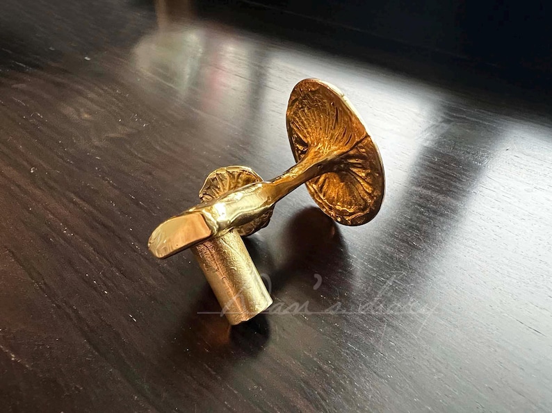 May include: A gold-toned metal door handle with a decorative mushroom design. The handle has a round base and a curved stem.