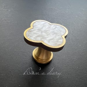 May include: A gold-toned cabinet knob with a white, marbled, four-leaf clover design.