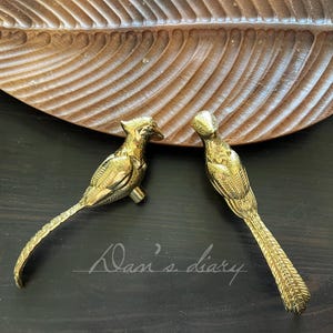Puede incluir: Dos figuras de pájaros dorados con diseños de plumas detallados se exhiben sobre una superficie oscura, cerca de una bandeja de madera tallada. Los pájaros tienen colas largas y están colocados uno frente al otro. La imagen incluye el texto "Dan's diary".