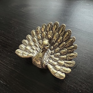 Peut inclure: Figurine de paon en laiton avec des détails de plumes. L'oiseau est posé sur une surface en bois sombre. La figurine présente un style vintage ou antique, idéale pour la décoration intérieure.