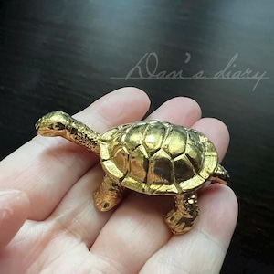 Op de afbeelding: Een klein, goudkleurig schildpadbeeldje. De schildpad zit op de hand van een persoon.