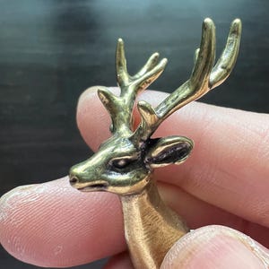 Könnte beinhalten: Detaillierte Hirschfigur aus Messing mit markantem Geweih. Die Skulptur hat eine verwitterte, antike Oberfläche, die den Kopf und einen Teil des Körpers des Hirsches zeigt. Das Geweih ist aufwendig gestaltet, und die Gesamtästhetik deutet auf einen Vintage- oder handgefertigten Artikel hin.