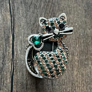 May include: A silver-toned cat brooch with a detailed design. The cat is adorned with green, brown, and clear crystals, with black eyes and whiskers. A large green jewel accents the design. The brooch is set against a wooden background.