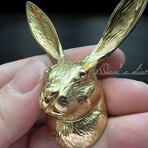 Könnte beinhalten: Ein goldfarbener Hasenanhänger mit detaillierter Fellstruktur und langen Ohren. Der Anhänger wird in einer Hand gehalten und zeigt seine polierte Oberfläche. Der Text "Klan's diary" ist sichtbar.