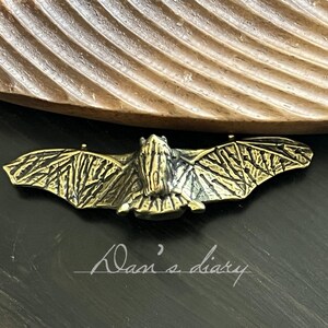 Könnte beinhalten: Antike Fledermausfigur aus Messing mit ausgebreiteten Flügeln. Die Fledermaus befindet sich auf einer dunklen Oberfläche, mit dem Text "Dan's diary" in Schreibschrift. Die Flügel weisen detaillierte Adern auf.