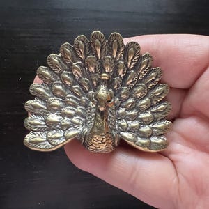 May include: A brass peacock ornament with a detailed, fanned tail. The peacock has intricate feather patterns and a textured finish. This decorative item could be used for home decor or as a collector's piece.