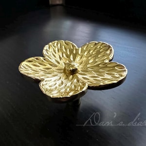 May include: A gold-colored, flower-shaped cabinet knob with a textured surface. The knob has five petals and a central, rounded detail. The image is set against a dark background, with the text "Olan's diary" in the bottom right corner.