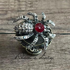 Może przedstawiać: Ozdobna broszka w kształcie pająka ze srebrnym korpusem i nogami, ozdobiona przezroczystymi i ciemnoszarymi kryształkami. Pająk ma duży, okrągły, czerwony kamień szlachetny pośrodku. Broszka osadzona jest na ciemnej podstawie z ozdobną obwódką.