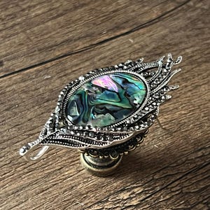 Può includere: Spilla ovale ornata con un centro di conchiglia di abalone iridescente. La spilla è incastonata in una cornice di metallo argentato ornata con dettagli intricati e piccoli accenti scuri. Il design ha un'estetica vintage.