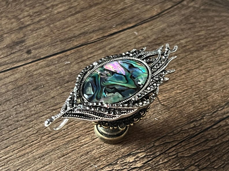May include: An oval brooch featuring an iridescent abalone shell centre, set within an ornate silver-toned metal frame. The frame has detailed embellishments and dark accents. The design has a vintage or antique style.