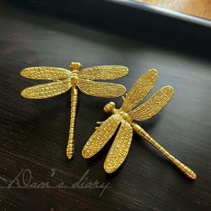 Puede incluir: Dos objetos decorativos dorados con forma de libélula. Las libélulas tienen alas y cuerpos detallados, con una superficie texturizada. Las libélulas están colocadas sobre una superficie oscura. La imagen está bien iluminada, resaltando los detalles.
