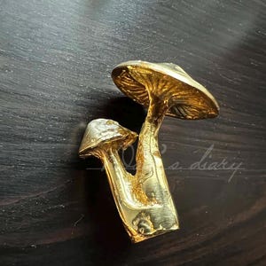 May include: A gold-colored metal sculpture of two mushrooms. The larger mushroom has a wide, flat cap and a slender stem. The smaller mushroom is nestled under the larger one.