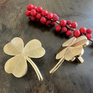 Könnte beinhalten: Zwei goldfarbene Türknauf in Form eines vierblättrigen Kleeblatts.