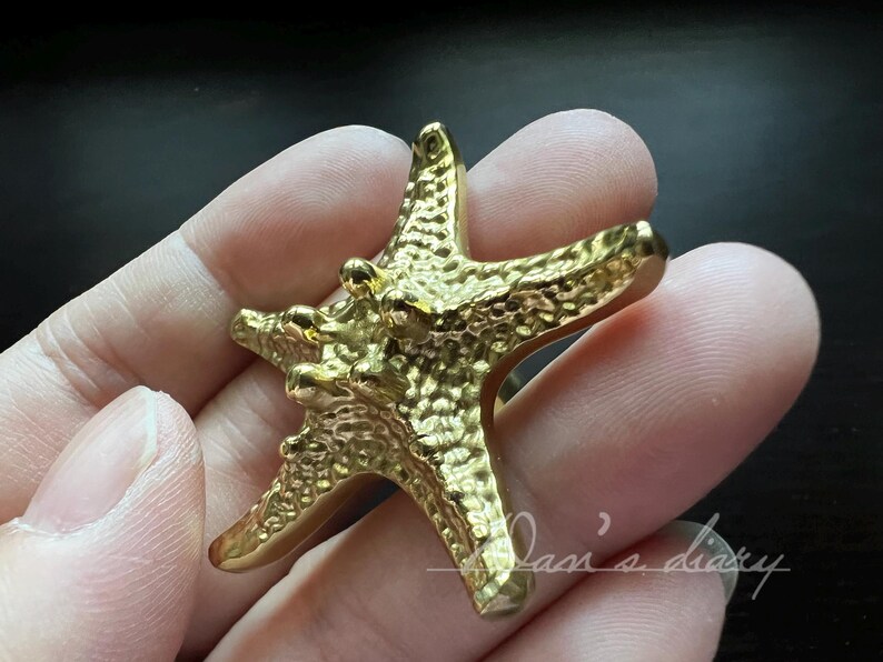 May include: A gold-coloured starfish-shaped door knob or pull. The starfish has a textured surface.