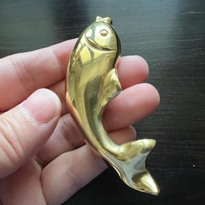 May include: A polished brass fish pendant with a loop at the top for hanging. The fish has a streamlined body, a small eye, and a detailed tail fin. The pendant is held in a hand.