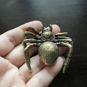 K&ouml;nnte beinhalten: Eine bronzefarbene Spinnenfigur mit detaillierten Beinen, K&ouml;rper und Kopf. Die Spinne wird in einer Hand gehalten, um ihr kompliziertes Design zu zeigen. Die Figur hat eine strukturierte Oberfl&auml;che, die ihr ein realistisches Aussehen verleiht.