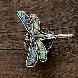 May include: A dragonfly brooch with iridescent wings in shades of green, blue, and purple. The brooch has a silver-colored body and a detailed design. The wings are made of a material that shimmers with color. The brooch is set against a dark wood background.