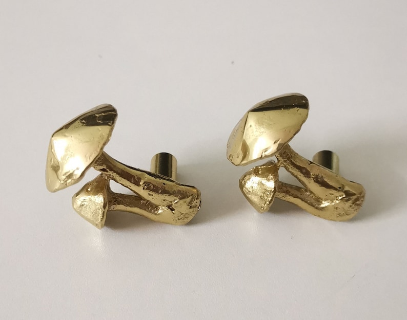 May include: Two gold mushroom-shaped cabinet knobs. The knobs are made of a textured metal and have a realistic mushroom design.
