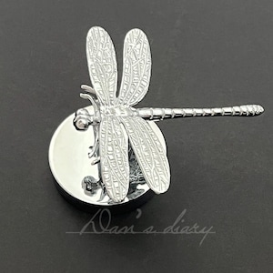 May include: A silver dragonfly ornament with detailed wings and a segmented body, mounted on a circular base. The image includes the handwritten text "Dan's diary". The dragonfly is a decorative item.