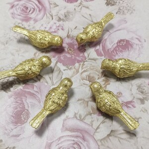 Puede incluir: Seis figuritas de p&aacute;jaros de color dorado dispuestas en c&iacute;rculo sobre un fondo floral rosa.