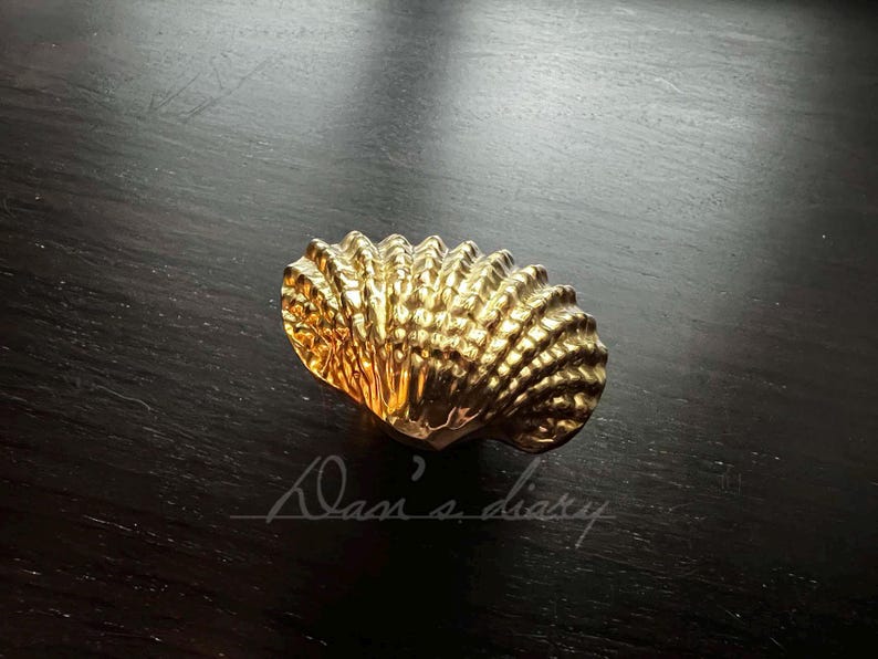 May include: A gold-colored seashell-shaped cabinet knob.