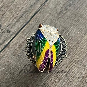 May include: A colorful cicada brooch with a detailed design. The insect features a rainbow-colored body, a jeweled head, and a decorative filigree frame. The brooch is set against a wooden background.