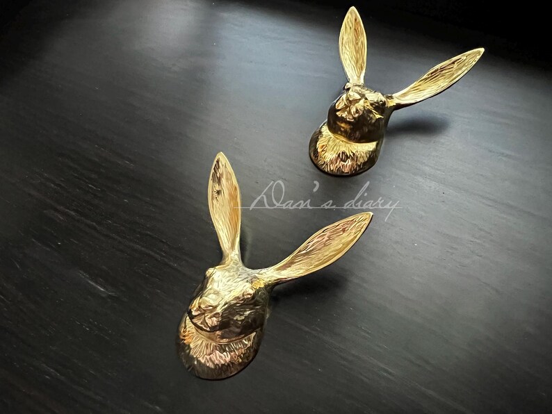 K&ouml;nnte beinhalten: Zwei goldene T&uuml;rgriffe in Form eines Kaninchenkopfes auf einer schwarzen Oberfl&auml;che.