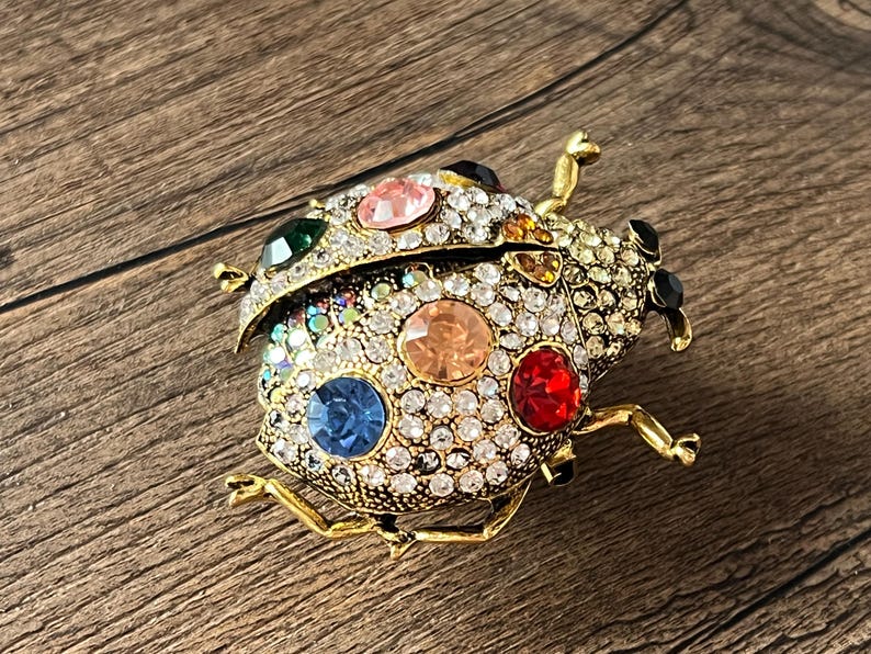 May include: A gold-coloured ladybird brooch adorned with colourful rhinestones. The brooch features a variety of jewel-toned stones, including pink, blue, orange, and red, set against a backdrop of clear crystals. The ladybird's body is detailed with gold accents.