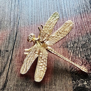 May include: A gold-colored dragonfly brooch with intricate wing detailing. The brooch is made of metal and has a textured surface. The dragonfly is positioned on a wooden surface.