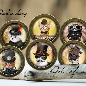 May include: Set of six steampunk cat images in bronze-colored circular frames. Each cat wears a different hat and goggles, with a vintage aesthetic. The text "Dan's diary" and "Set of six" are written in cursive.