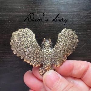 K&ouml;nnte beinhalten: Bronze-farbene Eulenfigur mit ausgebreiteten Fl&uuml;geln. Die Eule hat detaillierte Federmuster und wird in einer Hand gehalten. Der Text "Dan's diary" ist in Kursivschrift auf einer dunklen Holzoberfl&auml;che geschrieben.