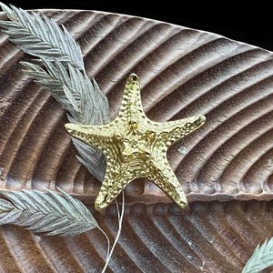 Op de afbeelding: Een gouden zeester-ornament met een getextureerd oppervlak. De zeester ligt op een bruine houten achtergrond met gedroogde bladeren.