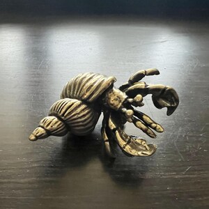Puede incluir: Figura de cangrejo ermitaño de color bronce, con un caparazón y pinzas detalladas. El cangrejo está colocado sobre una superficie de madera oscura, resaltando su intrincado diseño. Este artículo decorativo podría usarse como un acento único para el hogar.