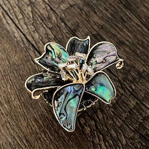 Può includere: Spilla floreale con petali di abalone iridescenti e una cornice in metallo dorato. Il centro del fiore presenta un gruppo di cristalli rettangolari trasparenti. La spilla è posta su una superficie di legno scuro.