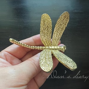 Puede incluir: Figura de libélula dorada con patrones detallados en las alas. La libélula se sostiene en una mano sobre un fondo oscuro. El cuerpo y las alas de la libélula tienen texturas intrincadas.