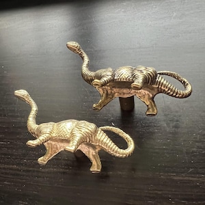 Może przedstawiać: Dwie złote figurki dinozaurów. Dinozaury stoją w pozycji stojącej z podwiniętymi ogonami. Dinozaury znajdują się na ciemnej powierzchni.