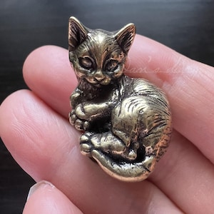 May include: A small, gold-colored metal figurine of a cat curled up in a sleeping position. The cat has a detailed face with closed eyes and a textured fur pattern.