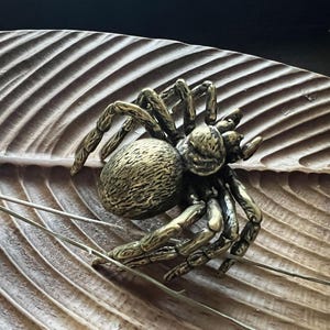 Może przedstawiać: Szczegółowa rzeźba pająka z brązu ze skomplikowanymi nogami i detalami ciała spoczywa na rzeźbionym drewnianym liściu. Pająk ma ciemnozłoty kolor, a liść jest jasnobrązowy.