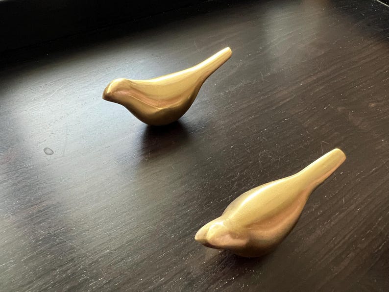 Pu&ograve; includere: Due statuine di uccelli in metallo color oro. Gli uccelli sono stilizzati e astratti, con forme semplici e arrotondate. Sono entrambi rivolti verso il lato destro dell'immagine.