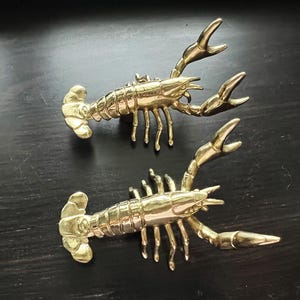 May include: Two brass lobster figurines with detailed claws, legs, and antennae are displayed on a dark surface. The lobsters are positioned horizontally, showcasing their intricate design and golden color. These decorative pieces add a nautical theme.