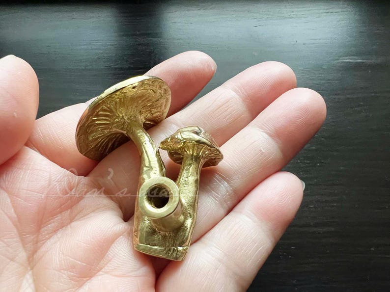 May include: Two gold-colored mushroom-shaped door knobs. The larger mushroom has a detailed cap and stem. The smaller mushroom is attached to the larger mushroom's stem.