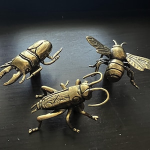 May include: Three bronze insect figurines: a beetle with large pincers, a bee with outstretched wings, and a grasshopper. The detailed sculptures are set against a dark background, showcasing their intricate designs and metallic sheen.