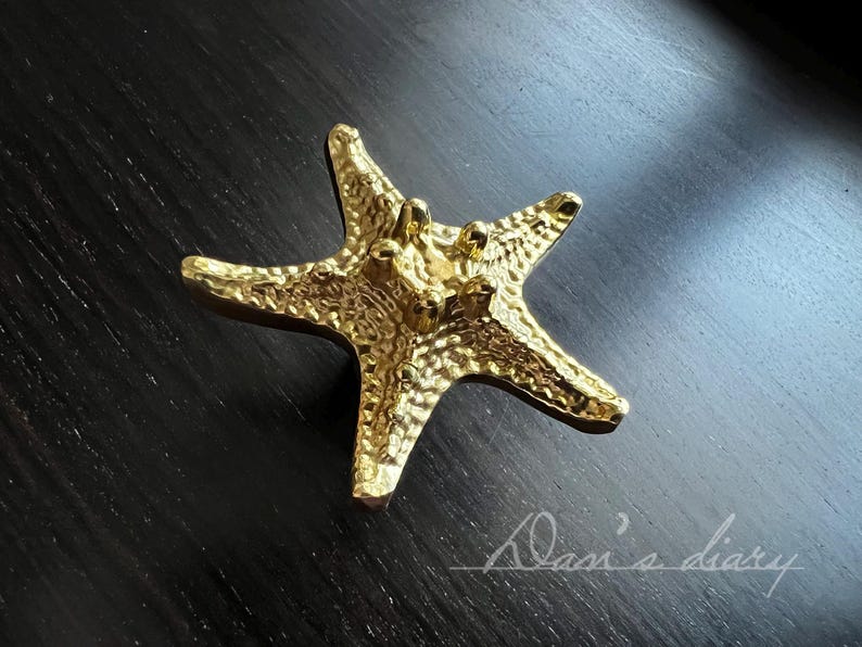 May include: Gold-toned metal starfish-shaped door knob or pull. The starfish has a textured surface.