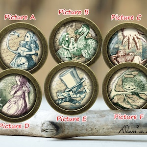 Op de afbeelding: Zes ronde, bronzenkleurige, decoratieve, glazen, metalen knopen met afbeeldingen uit Alice in Wonderland. De afbeeldingen omvatten Alice, de Hoedenmaker, de Cheshire Cat, de Dodo en de Koningin van harten. De knopen zijn gelabeld met de letters A tot en met F.