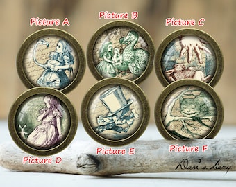 Alice in Wonderland Glass Cabochon Bronze Cabinet Knob: Dresser Pull, Furniture Knob