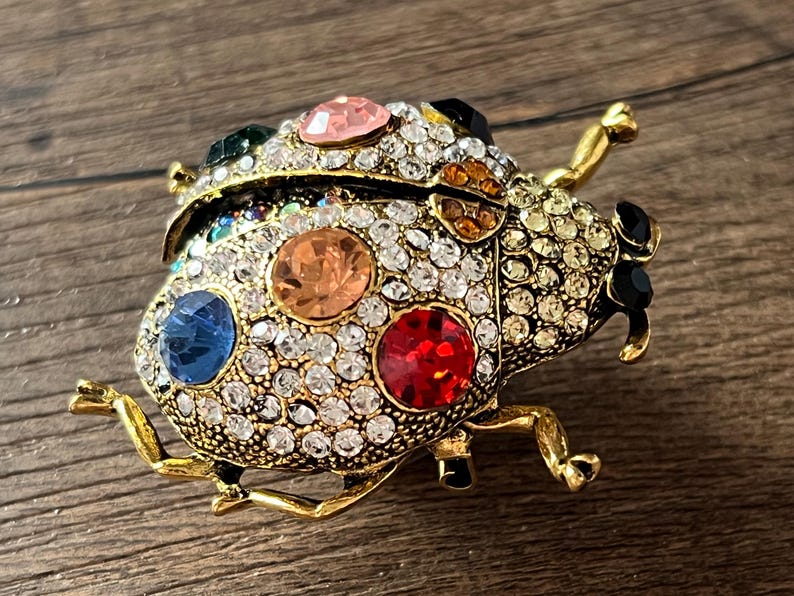 May include: A gold-coloured ladybird brooch adorned with clear and colourful rhinestones. The brooch features a variety of coloured stones, including red, blue, orange, and pink, set against a backdrop of smaller clear stones. The ladybird has gold-coloured legs and antennae.