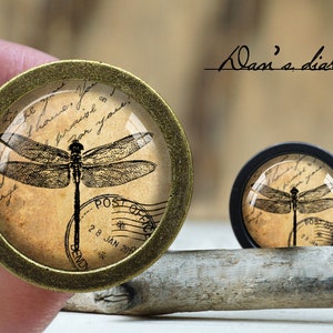 Könnte beinhalten: Zwei runde Schrankknöpfe mit einem Libellen-Design. Die Knöpfe haben eine Vintage-Ästhetik mit einer Libellen-Illustration auf einem sepiafarbenen Hintergrund mit Schrift und Poststempel. Ein Knopf hat eine Bronzefinish, der andere ist schwarz.