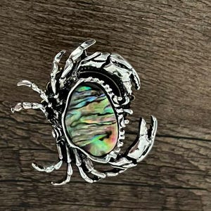 K&ouml;nnte beinhalten: Silberfarbene Krabbenbrosche mit einer ovalen, schillernden Abalone-Muschel in der Mitte. Die Krallen und Beine der Krabbe sind detailliert. Die Muschel zeigt eine Reihe von Farben, darunter Gr&uuml;n, Blau und Gold. Die Brosche ist vor einem Holzgrund platziert.