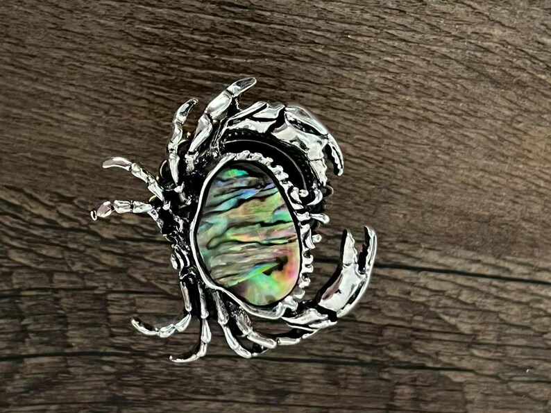 K&ouml;nnte beinhalten: Silberfarbene Krabbenbrosche mit einer ovalen, schillernden Abalone-Muschel in der Mitte. Die Krallen und Beine der Krabbe sind detailliert. Die Muschel zeigt eine Reihe von Farben, darunter Gr&uuml;n, Blau und Gold. Die Brosche ist vor einem Holzgrund platziert.