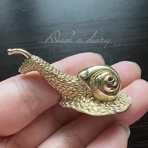 May include: A gold-colored snail-shaped brooch. The brooch features a detailed textured body and shell, with a curved antenna. The brooch is held in a hand against a dark background. The text "Oasi's diary" is in the background.